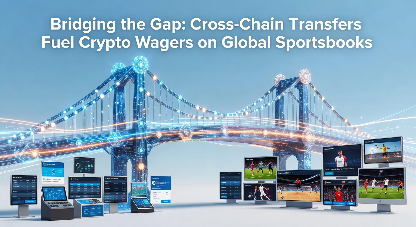 Abstrakte Darstellung von Cross-Chain-Brücken, die Kryptowährungen zwischen Blockchains verbinden, mit Symbolen für Sportwetten wie Fußbälle und Wettscheine