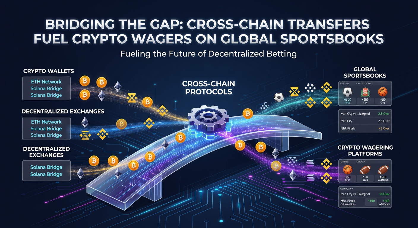 Visuelle Grafik von Krypto-Transaktionen über Brücken zu Sportwetten-Plattformen, mit Pfeilen zwischen Blockchains und Sport-Symbolen
