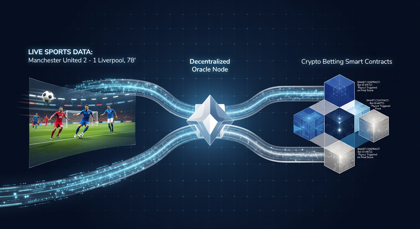 Diagramm eines dezentralisierten Oracle-Netzwerks, das Sportdaten an Blockchain-Smart-Contracts überträgt