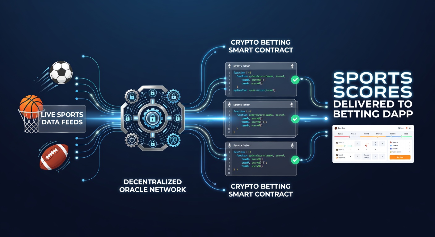 Schema des Datenflusses von Sport-Events zu dezentralen Oracles und Smart Contracts in Krypto-Wetten