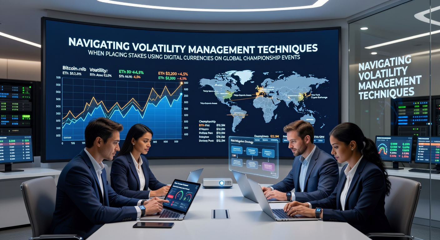 Illustration von Volatilitätsmanagement bei Krypto-Einsätzen auf internationalen Sportveranstaltungen mit Diagrammen und digitalen Währungssymbolen