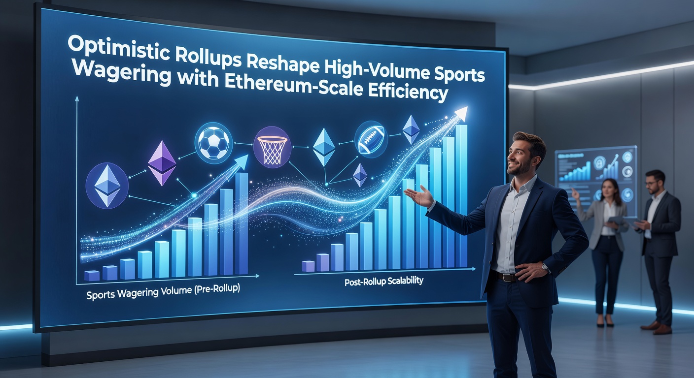 Grafik zeigt Optimistic Rollups in Aktion bei Sportwetten-Transaktionen auf Ethereum, mit Skalierungsdiagrammen und Wettenströmen