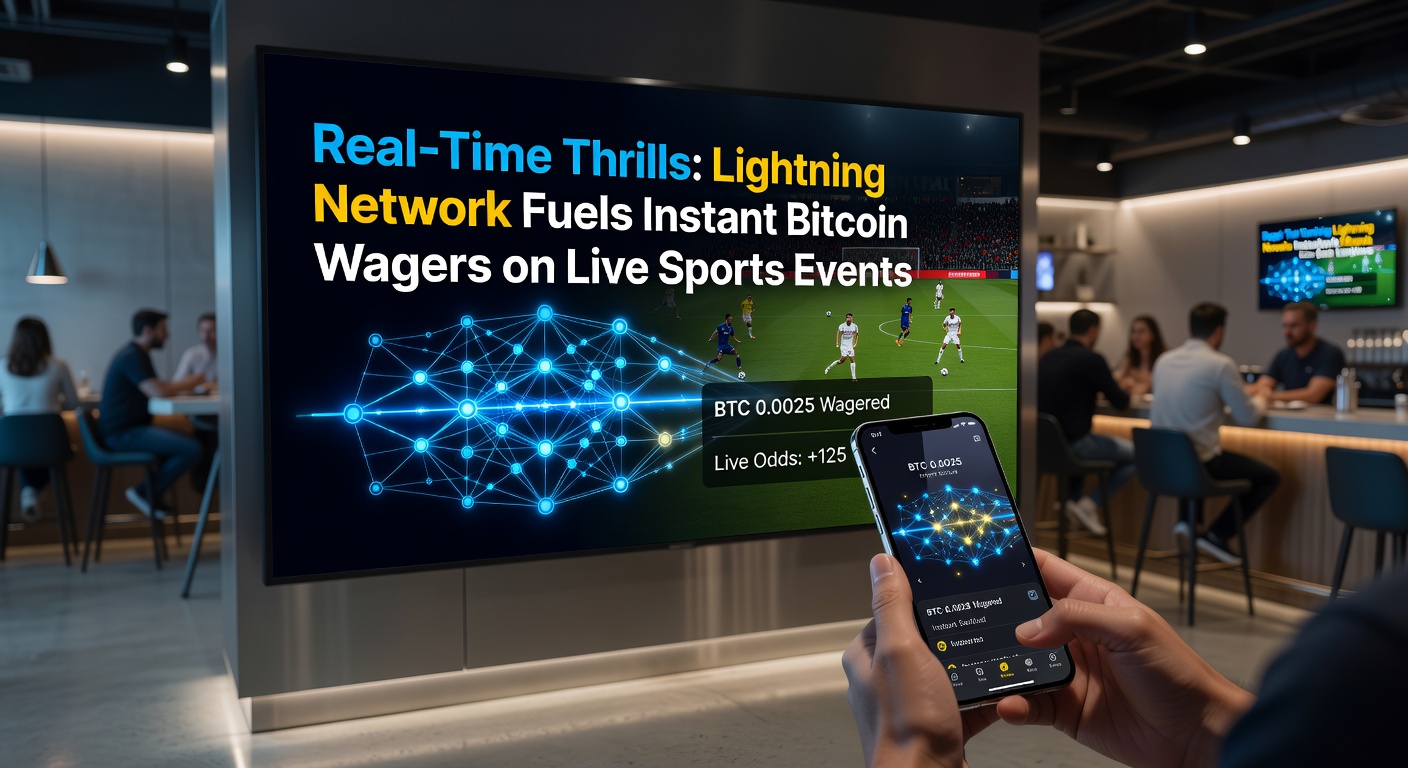 Blitzschnelle Bitcoin-Transaktionen über das Lightning Network während eines Live-Fußballspiels, das die Echtzeit-Wetten-Idee visualisiert