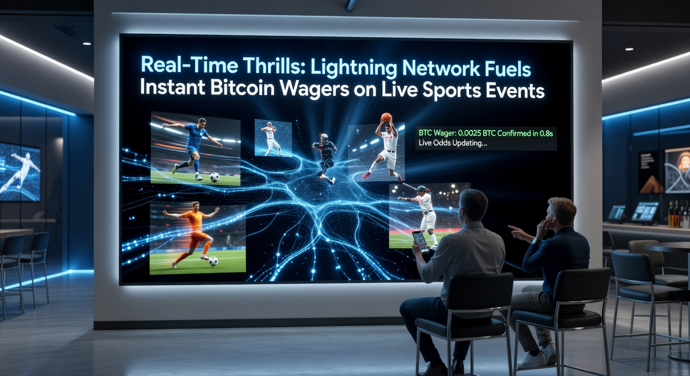 Ein dynamisches Live-Basketballspiel mit überlagerten Bitcoin-Wett-Interfaces auf Lightning Network, das die Geschwindigkeit der Echtzeit-Wetten betont