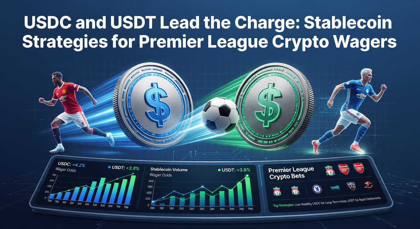 Grafik zeigt USDC- und USDT-Transaktionen bei Premier-League-Wetten mit steigenden Balkendiagrammen und Premier-League-Logos